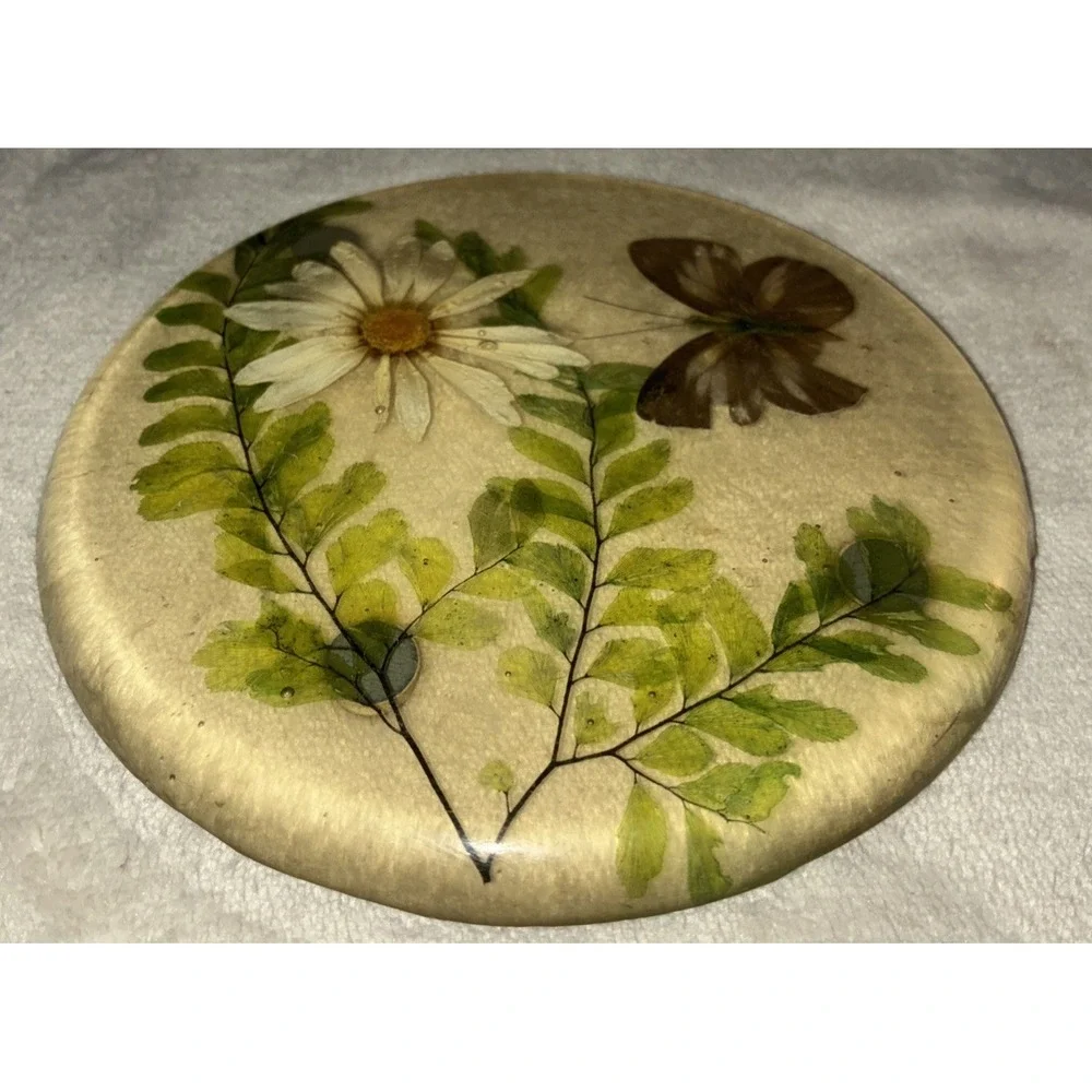 Lucite‎ Dry Daisy Ferns Butterfly Trivet Mid Century 1960s Vintage